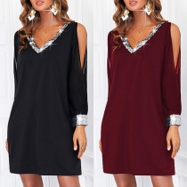 Sexig off-shoulder långärmad paljettskarvad V-ringad lös klänning