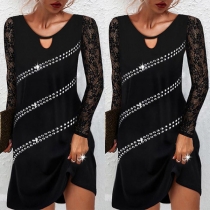 Sexy Lace Spliced Long Sleeve Round Neck Rivets Dress