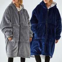 Fashion Solid Color Long Sleeve Hooded Front-zipper Flannel Nightwear