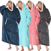 Fashion Contrast Color Long Sleeve Hooded Front-pocket Flannel Nightwear
