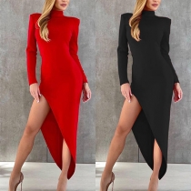 Elegant Solid Color Long Sleeve Mock Neck Irregular Hem Slim Fit Dress