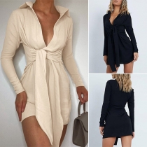 Sexy Deep V-neck Long Sleeve Lace-up High Waist Slim Fit Dress