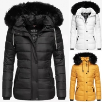 Fashion Faux Fur Spliced Hooded Long Sleeve Slim Fit Warm Padded Coat