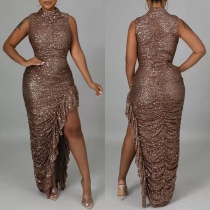 Sexy Sleeveless Mock Neck Irregular Ruffle Hem Slim Fit Party Dress