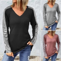 Fashion Sequin Spliced Long Sleeve V-neck T-shirt
