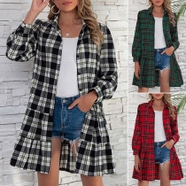 Fashion Long Sleeve POLO Collar Ruffle Hem Single-breasted Plaid Shirt Dress Cardigan
