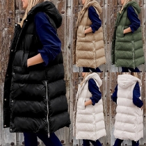 Fashion Solid Color Sleeveless Hooded Side-zipper Hem Long-style Vest