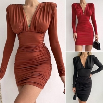 Sexy Deep V-neck Long Sleeve Solid Color Slim Fit Wrinkled Dress