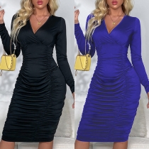 Sexy Deep V-neck Long Sleeve Wrinkled Tight Dress