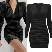 Sexy Deep V-neck Long Sleeve HIgh Waist Slim Fit Wrinkled Dress