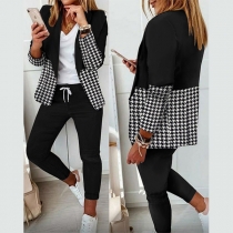 OL Style Long Sleeve Notched Lapel Houndstooth Spliced Blazer + Pants Two-piece Set