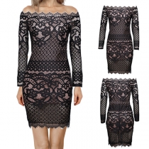 Sexy Off-shoulder Boat Neck Long Sleeve Slim Fit Lace Dress