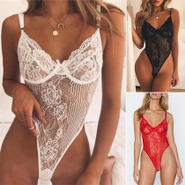 Sexy Backless V-neck Sling Hollow Out Lace Bodysuit