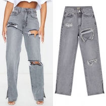 Fashion High Waist Slit Hem Hollow Out Ripped Straight-leg Jeans