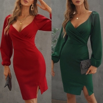 Sexy Backless V-neck Slit Hem Long Sleeve High Waist Solid Color Dress
