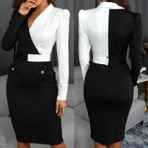 OL Style Long Sleeve V-neck High Waist Slim Fit Contrast Color Dress