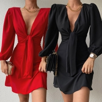 Sexy Knotted Deep V-neck Lantern Sleeve Solid Color Party Dress