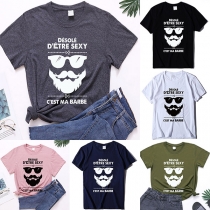 Casual Style Glasses Beard Printed Short Sleeve Round Neck Loose T-shirt