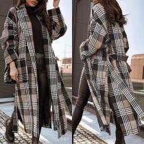 Fashion Long Sleeve Slit Hem Plaid Overcoat with Waist Strap