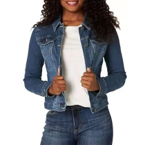 Fashion Long Sleeve Stand Collar Front-zipper Denim Coat