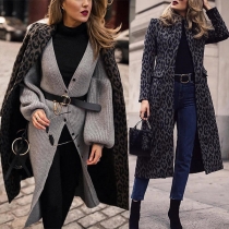 Fashion Long Sleeve Notched Lapel Leopard Printed Slim Fit Overcoat （Size Run Small）