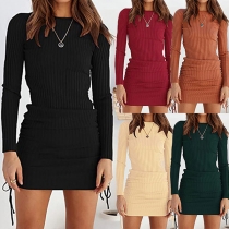Simple Style Long Sleeve Round Neck Side-drawstring Slim Fit Knit Dress