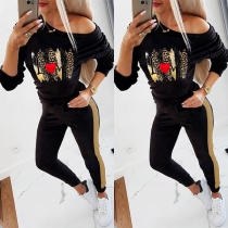 Fashion Contrast Color Leopard Printed Long Sleeve Sweatshirt + Pants Two-piece Set
