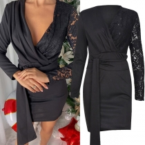 Sexy Deep V-neck Long Sleeve Slim Fit Lace Spliced Irregular