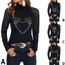 Chic Style Cowl Neck Sequin Skull Head Pattern Long Sleeve Sweatshirt