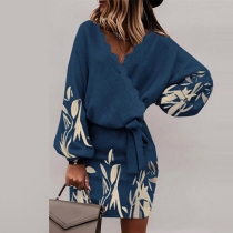 Sexy V-neck Lantern Sleeve Tie-belt Printed Dress
