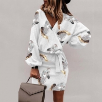 Sexy V-neck Lantern Sleeve Feather Printed Tie-belt Dress
