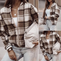 Fashion Long Sleeve Stand Collar Plaid Baseball Jacket