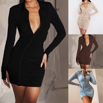 Sexy Long Sleeve POLO Collar Oblique-button Slim Fit Wrinkled Dress