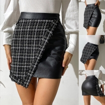 Fashion High Waist Irregular Hem Plaid Spliced PU Leather Skirt