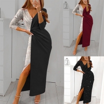 Sexy V-neck Slit Hem Long Sleeve Sequin Spliced Party Dress