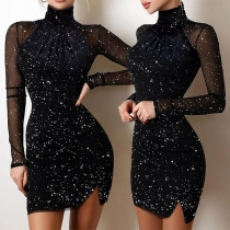 Sexy Gauze Spliced Long Sleeve High Collar Slit Hem Glitter Party Dress