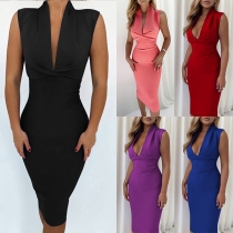 Sexig djup V-ringad ärmlös klänning med hög midja och slim fit