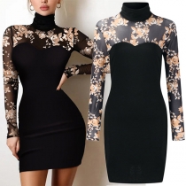 Sexy Gauze Sequin Spliced Long Sleeve High Collar Tight Party Dress
