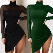 Sexy See-through Gauze Spliced Long Sleeve High Collar Irregular Hem Tight Dress