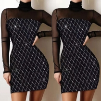 Sexy Gauze Spliced Long Sleeve High Waist Black Party Dress