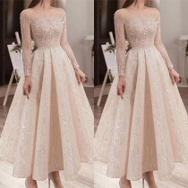 Sexy Off-shoulder Boat Neck Long Sleeve High Waist Sequin Princess Dress