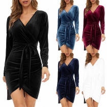 Sexy Deep V-neck Irregular Hem Long Sleeve Slim Fit Tie-belt Dress