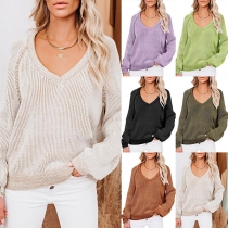 Fashion Solid Color Long Sleeve V-neck Loose Sweater
