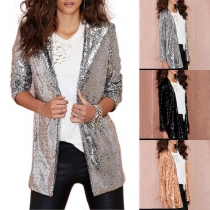 Fashion Long Sleeve Notched Lapel Slim Fit Sequin Coat