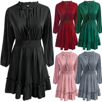 Fashion Solid Color Long Sleeve V-neck Ruffle Hem Elastic High Waist Dress