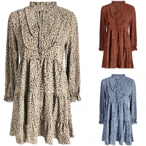 Sweet Style Long Sleeve V-neck Ruffle Hem Leopard Printed Dress