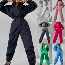 Sports Stil Långärmad Hoodad Jumpsuit med Elastisk Hög Midja