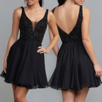 Sexy Backless V-neck High Waist Sequin Spliced Sling Party Dress