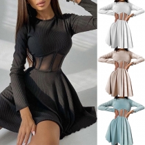 Sexy See-through Gauze Spliced High Waist Long Sleeve Round Neck Dress