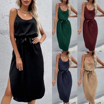 Sexy Backless Slit Hem Solid Color Tie-belt Sling Dress